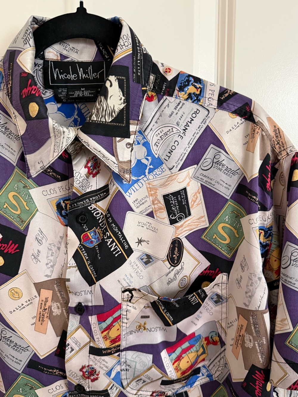 Vintage 1994 100% silk Nicole Miller wine label print shirt collectible
